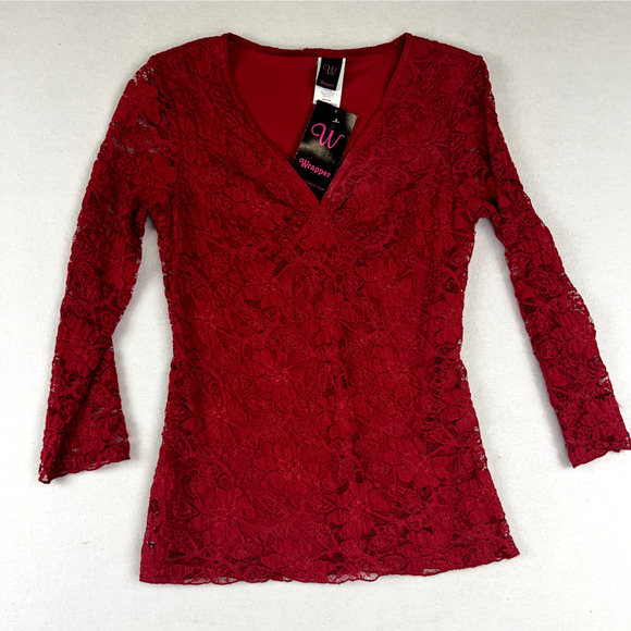 Wrapper Tops - Vintage Y2K 2000s Top Medium red Floral‎ Lace long sleeve Fairy Whimsigoth VTG